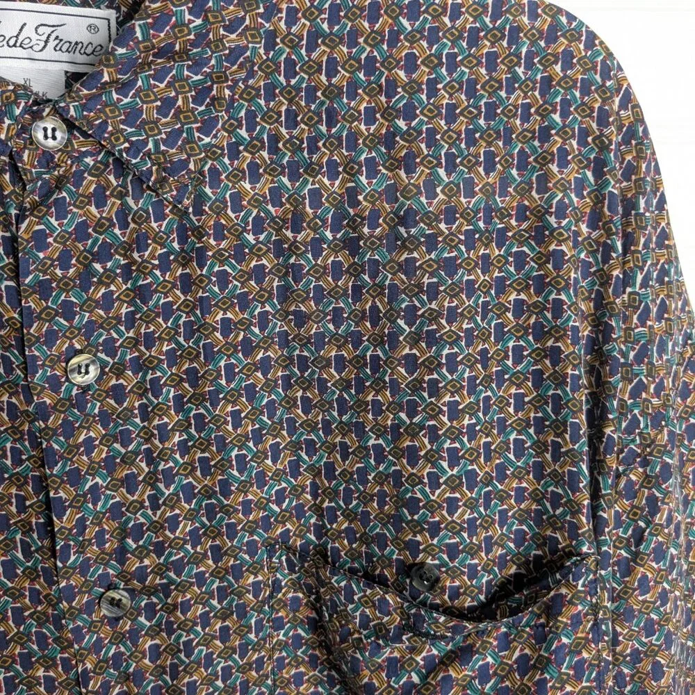 Cote De France 100% Silk Men's long sleeve shirt  blue yellow green XL
